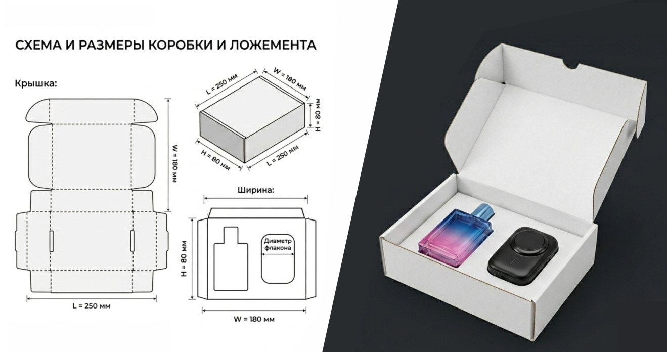 Картонная коробка с техническим чертежом развертки